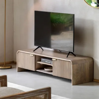 Natural Wood Curved Top TV Media Unit with Fluted Doors