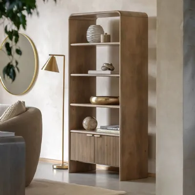 Natural Wooden Open Display Unit with Fluted Shelves