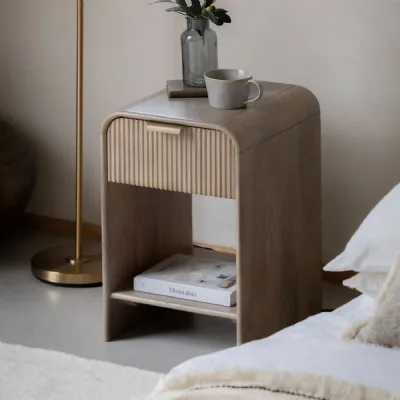 Natural Wood Small 1 Fluted Drawer Curved Bedside Table