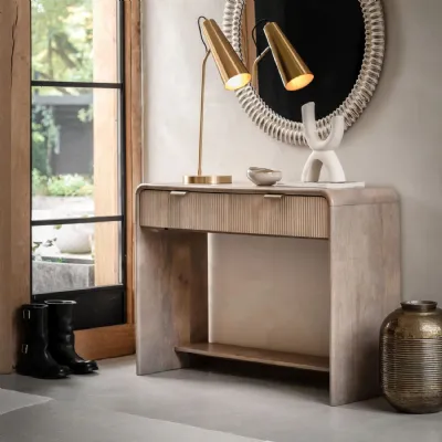 Natural Mango Wood 2 Drawer Curved Console Table with Shelf