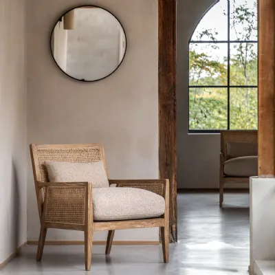 Natural Ash Wood Armchair with Rattan Backrest