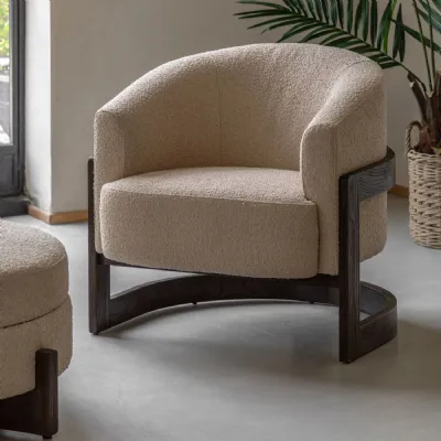 Cream Fabric Upholstered Armchair with Wooden Curved Frame