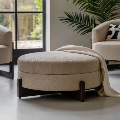 Cream Textured Fabric Round Footstool with Hidden Storage