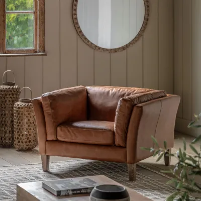Brown Leather Vintage Armchair Ash Wood Legs
