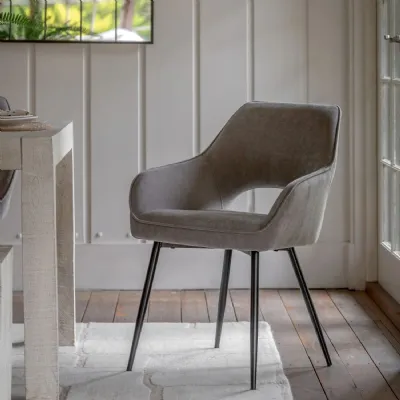 Grey Fabric Curved Dining Chair Black Metal Legs