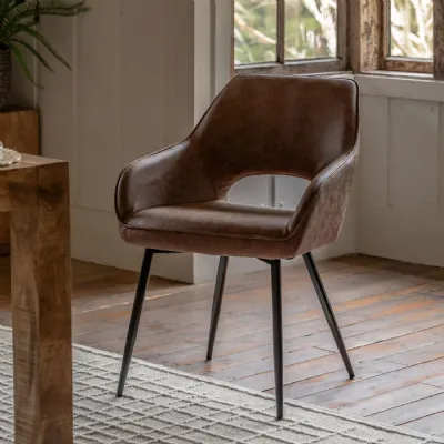 Brown Leather Effect Curved Back Dining Chair Black Legs