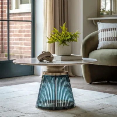 Marble Round Coffee Table Blue Fluted Glass Base