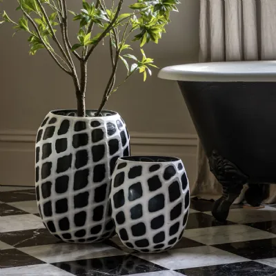 Large Black and White Handblown Carved Mono Glass Vase