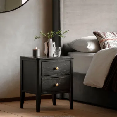 Black Wooden 2 Drawer Small Bedside Table
