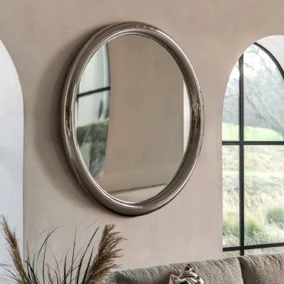 Silver Glass Curved Round Art Deco Wall Mirror
