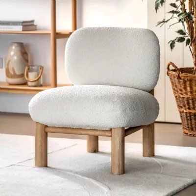 Vanilla Boucle Fabric Lounge Chair Ash Wood Legs