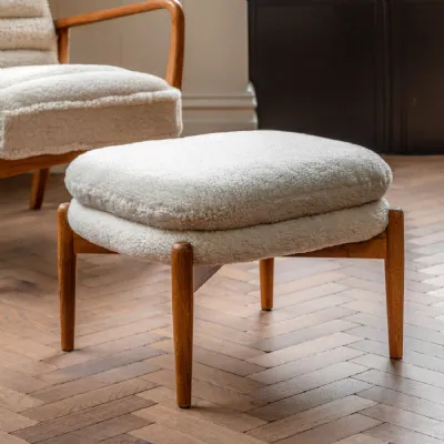 Cream Sheepskin Fabric Footstool with Curved Wooden Frame