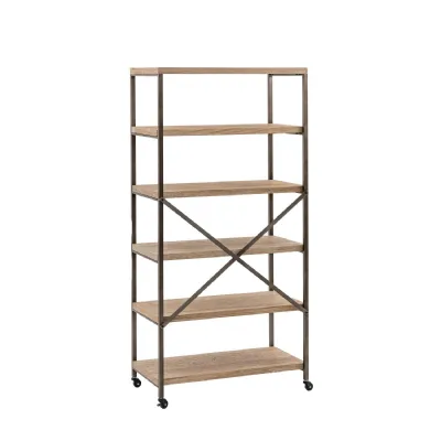 Natural Wood Tall Open Display Shelving Unit Metal Framed