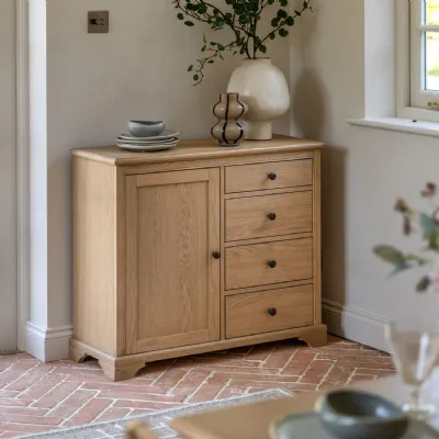 Rustic Natural Oak 1 Door and 4 Drawer Small Sideboard