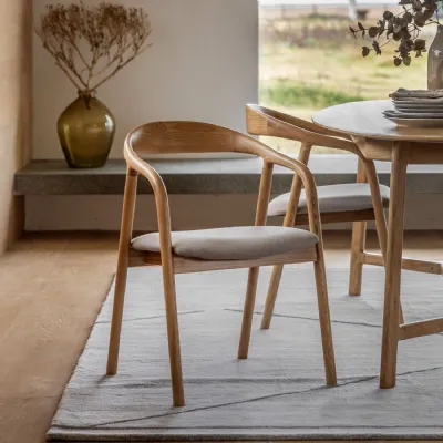 Natural Ash Wood Curved Dining Chair Grey Fabric Padded Seat