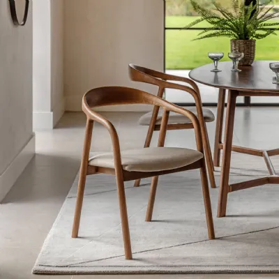 Walnut Wooden Curved Dining Chair Fabric Padded Seat