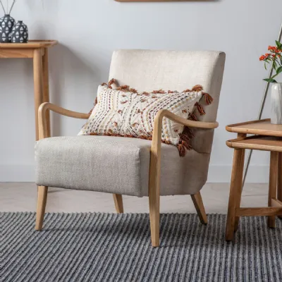 Natural Linen Fabric Solid Oak Armchair with Curved Legs