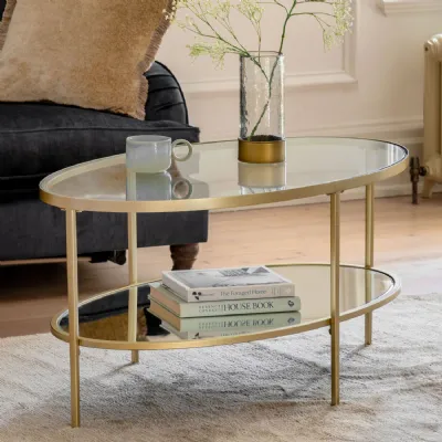 Champagne Gold Oval Metal Coffee Table Glass Top and Base