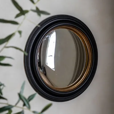 Large Black and Gold Round Porthole Fisheye Wall Mirror