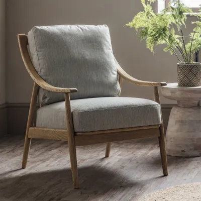 Beige Linen Light Oak Occasional Armchair Wooden Frame