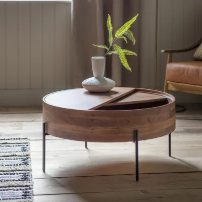 Round Oak Wood Storage Coffee Table Black Metal Legs
