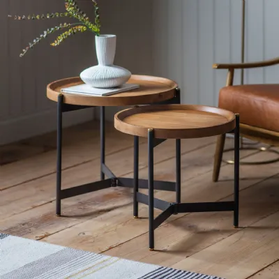 Round Mango Wooden Tray Top Nest of 2 Side Tables Black Base