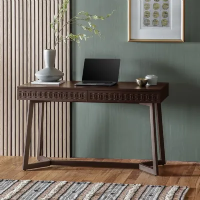 Dark Wood 2 Drawer Home Office Study Desk Patterned Drawers