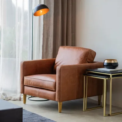 Vintage Tan Brown Leather Armchair with Wooden Legs