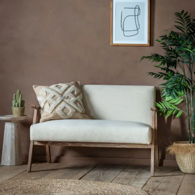 Cream Linen Fabric 2 Seater Sofa Wooden Frame