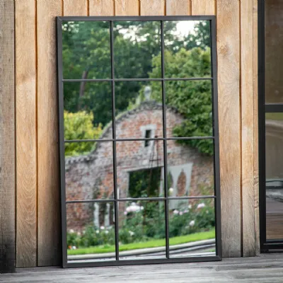 Black Metal Outdoor Window Pane Rectangular Wall Mirror