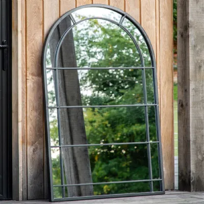 Black Metal Framed Arched Outdoor Multi Window Pane Mirror