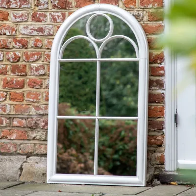 White Painted Metal Outdoor Arched Window Wall Mirror