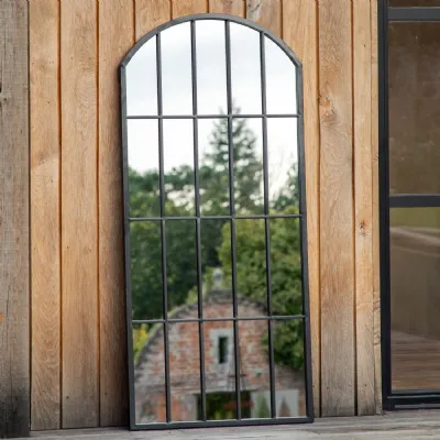Black Trimmed Metal Arched Window Pane Outdoor Wall Mirror
