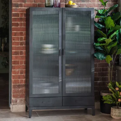 Dark Grey Wooden 2 Glass Door 2 Drawer Display Cabinet