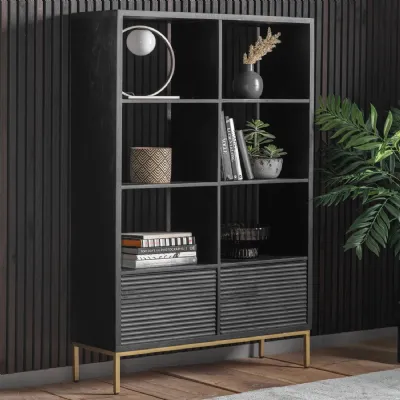 Black Rippled Wood Open Bookcase Display Unit Gold Metal Leg