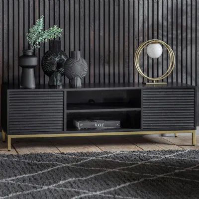 Black Mango Wood Ripple TV Media Unit Gold Legs
