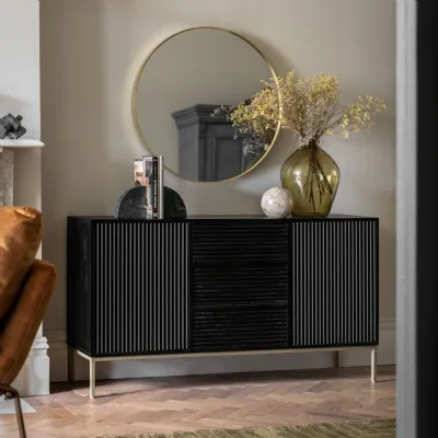 Black Wood Ripple Sideboard 2 Doors 3 Drawers Gold Legs