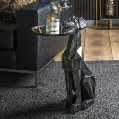 Abstract Black Dog Statue Side Table with Glass Tray