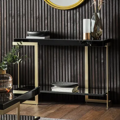 Black Glass Top Console Hall Table Gold Metal Frame