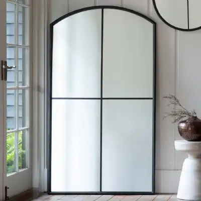 Large Arched Window Black Metal Framed Leaner Wall Mirror