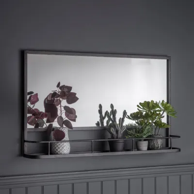 Charcoal Black Metal Wall Mirror with Open Shelf Base