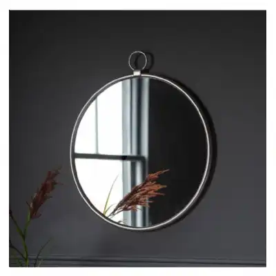 Silver Round Wall Mirror with Ring Hanging Loop Top