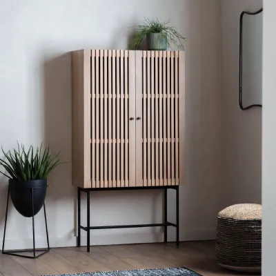 Slatted Oak Wood Cocktail Drinks Cabinet Black Metal Legs