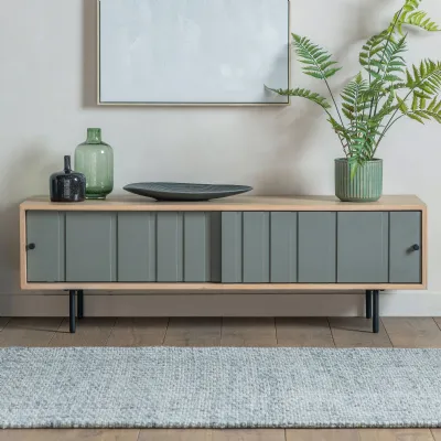 Grey Oak Low Sideboard Storage Media Unit with Sliding Doors