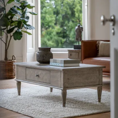 Inlaid Parquet Wooden Low Coffee Table with Drawer