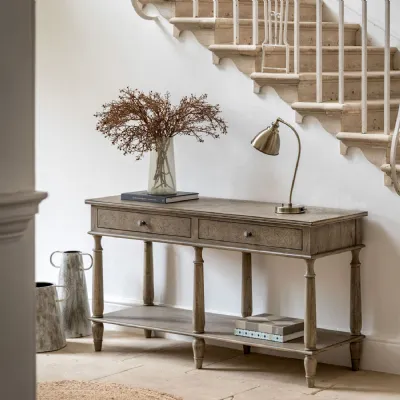 Large Wooden Parquet Console Table 2 Drawers Lower Shelf