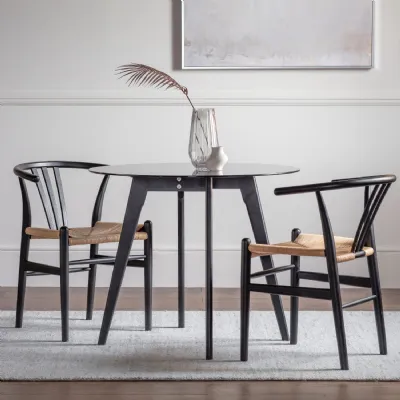 Black Oak Base Round 90cm Dining Table Smoked Glass Top