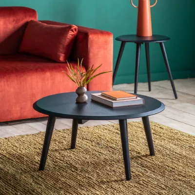 Mid Century Black Oak Top Round Coffee Table