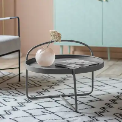 Grey Painted Metal Framed Coffee Table Industrial Handle Effect Tray Style