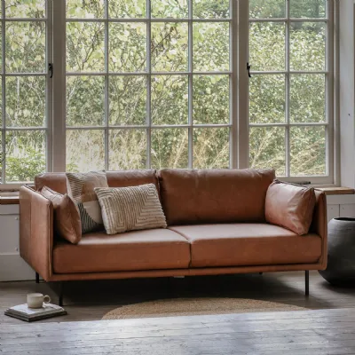 Vintage Tan Brown Leather Large 3 Seater Sofa Metal Legs